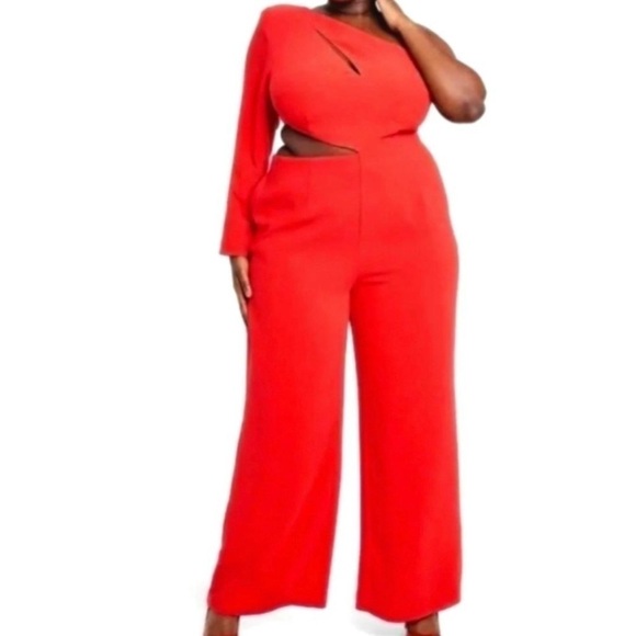 sergio hudson Pants - Sergio Hudson Jumpsuit Womens 1X Red One Shoulder Cut-Out Wide Legs